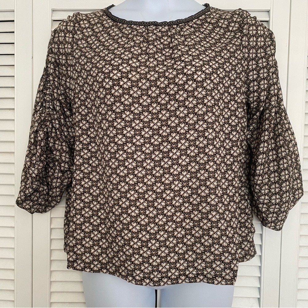 Max Studio clover print sheer peasant blouse black white brown ruched 3/4 sleeve